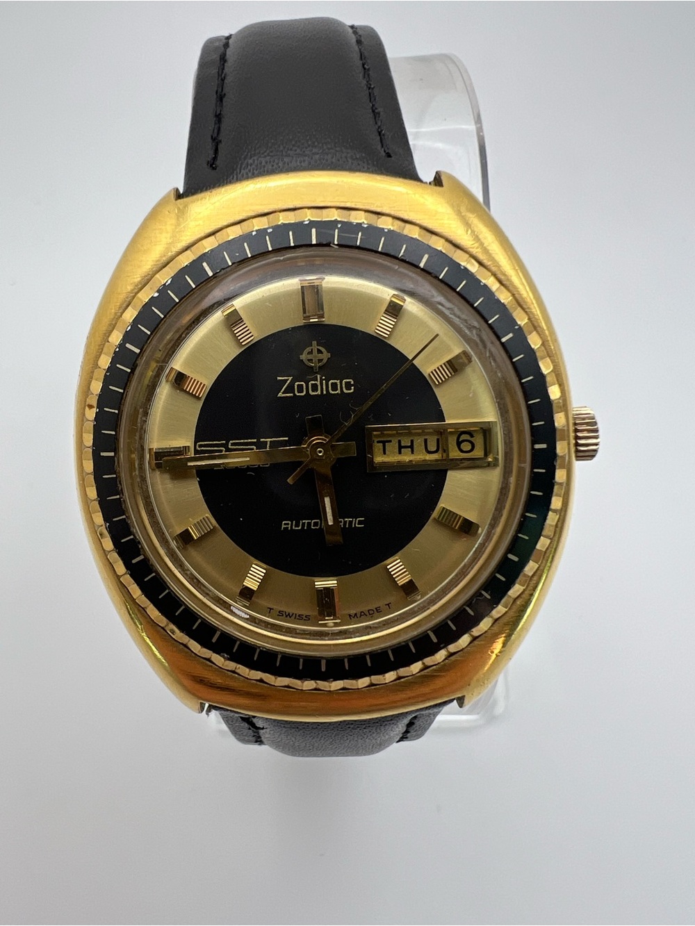 Zodiac Gold Tone Watch with Black Dial
